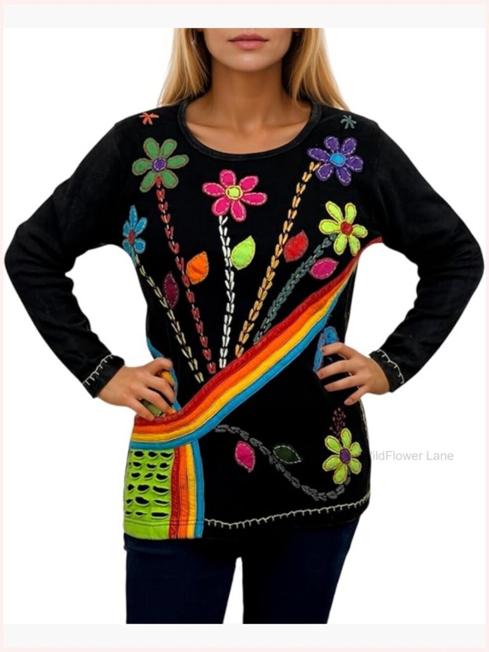 Embroidered Rib Knit Cotton Boho Long Sleeve Top Blouse